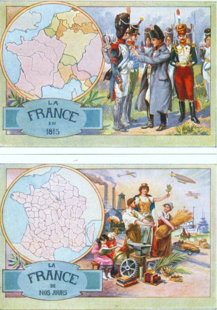 Carte départementale et allégorie « la France de nos jours ». Chromolithographie des tissus Soubes et Cie de Bordeaux